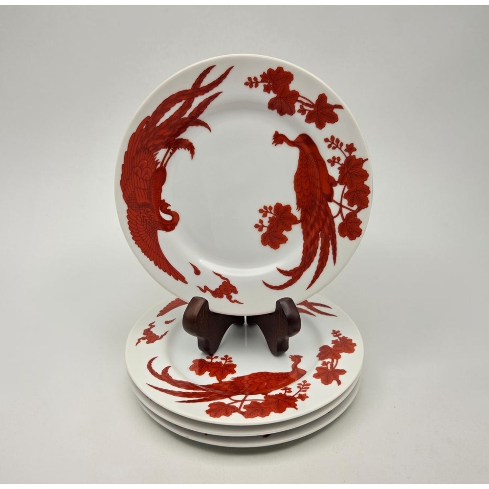 Set Of 4 Neiman Marcus Porcelain Red Peking Peacock Bread Plates Chinoiserie
